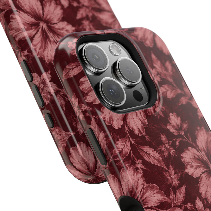 Magnetic Impact-Resistant Phone Case — Burgundy Floral Hibiscus Design