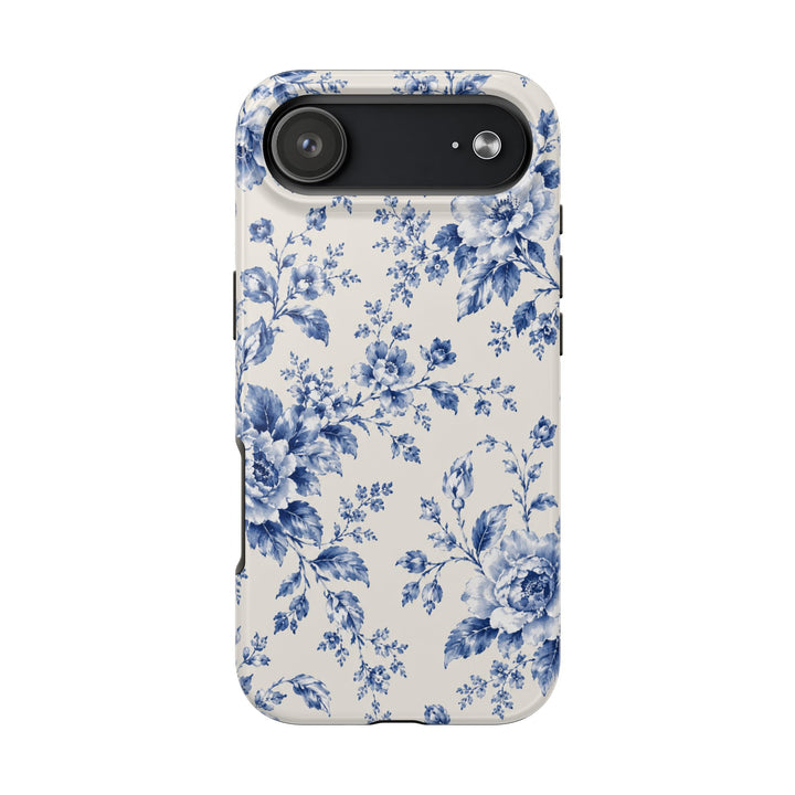 Blue Floral Tough Phone Case — Vintage Porcelain Rose Protective Cover