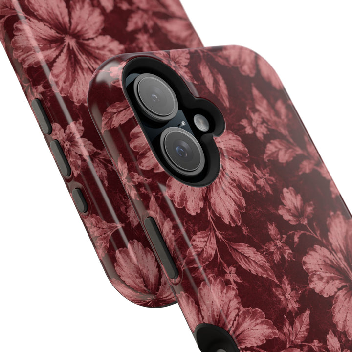 Magnetic Impact-Resistant Phone Case — Burgundy Floral Hibiscus Design