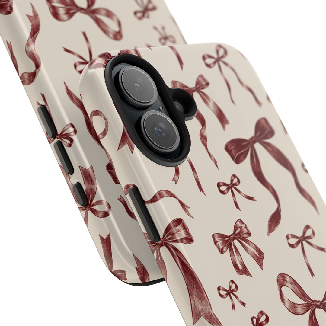 Bow Pattern Tough Phone Case — Vintage Ribbon Print iPhone Case, Protective Hard Cover