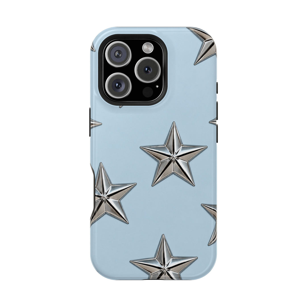 Star Pattern Magnetic Impact-Resistant Phone Case — Metallic Stars on Sky Blue