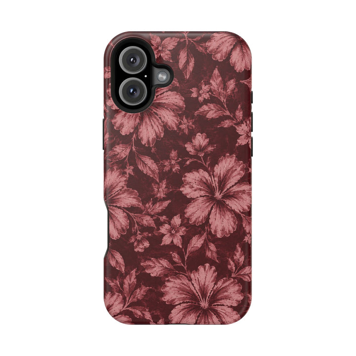 Magnetic Impact-Resistant Phone Case — Burgundy Floral Hibiscus Design
