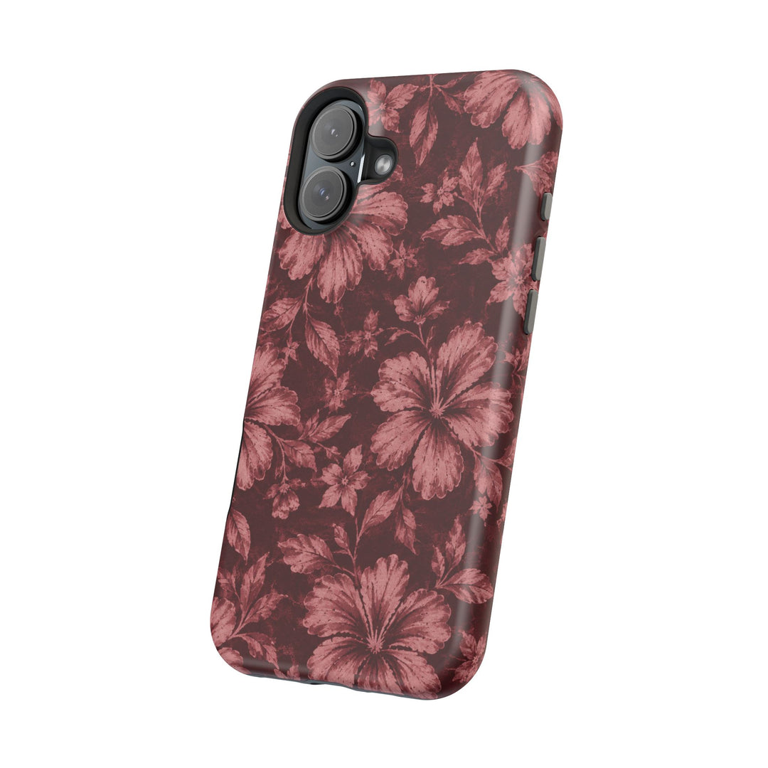 Magnetic Impact-Resistant Phone Case — Burgundy Floral Hibiscus Design