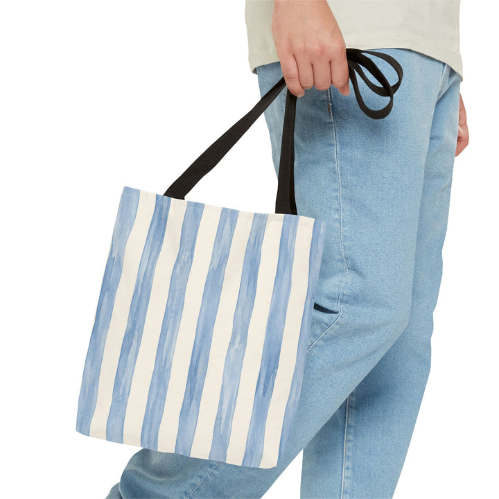 Striped Blue Watercolor Tote Bag — Coastal Beachy Canvas Tote