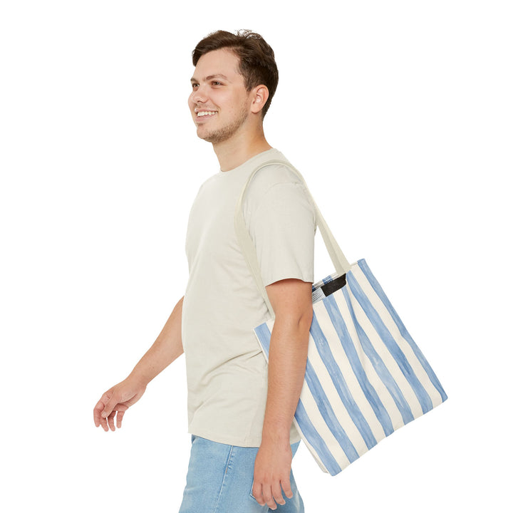 Striped Blue Watercolor Tote Bag — Coastal Beachy Canvas Tote