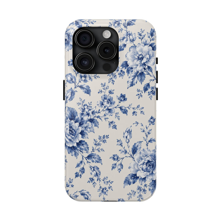 Blue Floral Tough Phone Case — Vintage Porcelain Rose Protective Cover