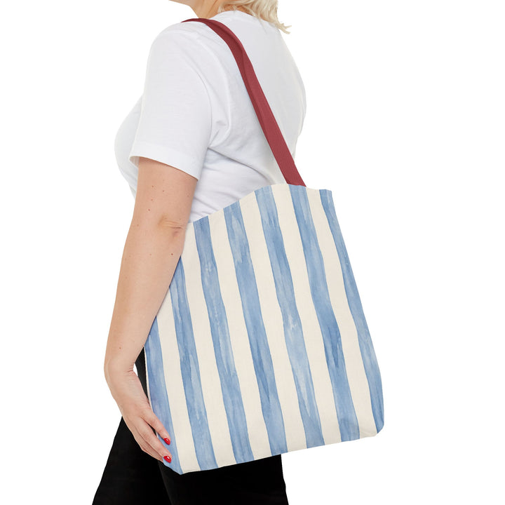 Striped Blue Watercolor Tote Bag — Coastal Beachy Canvas Tote
