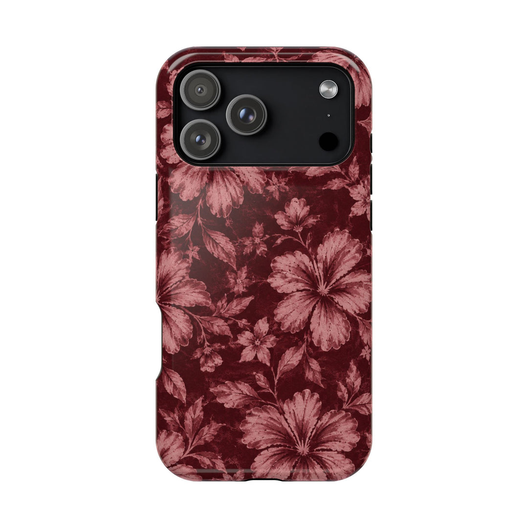 Magnetic Impact-Resistant Phone Case — Burgundy Floral Hibiscus Design