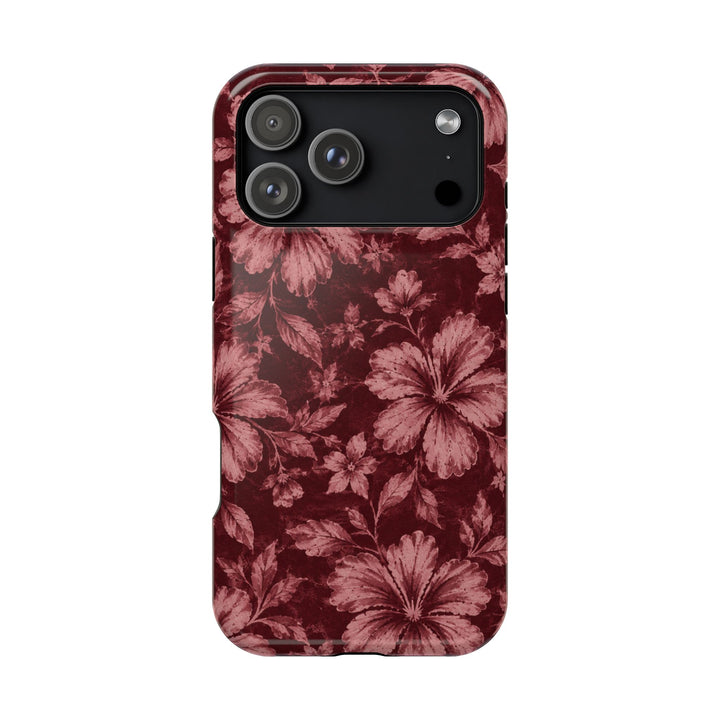 Magnetic Impact-Resistant Phone Case — Burgundy Floral Hibiscus Design