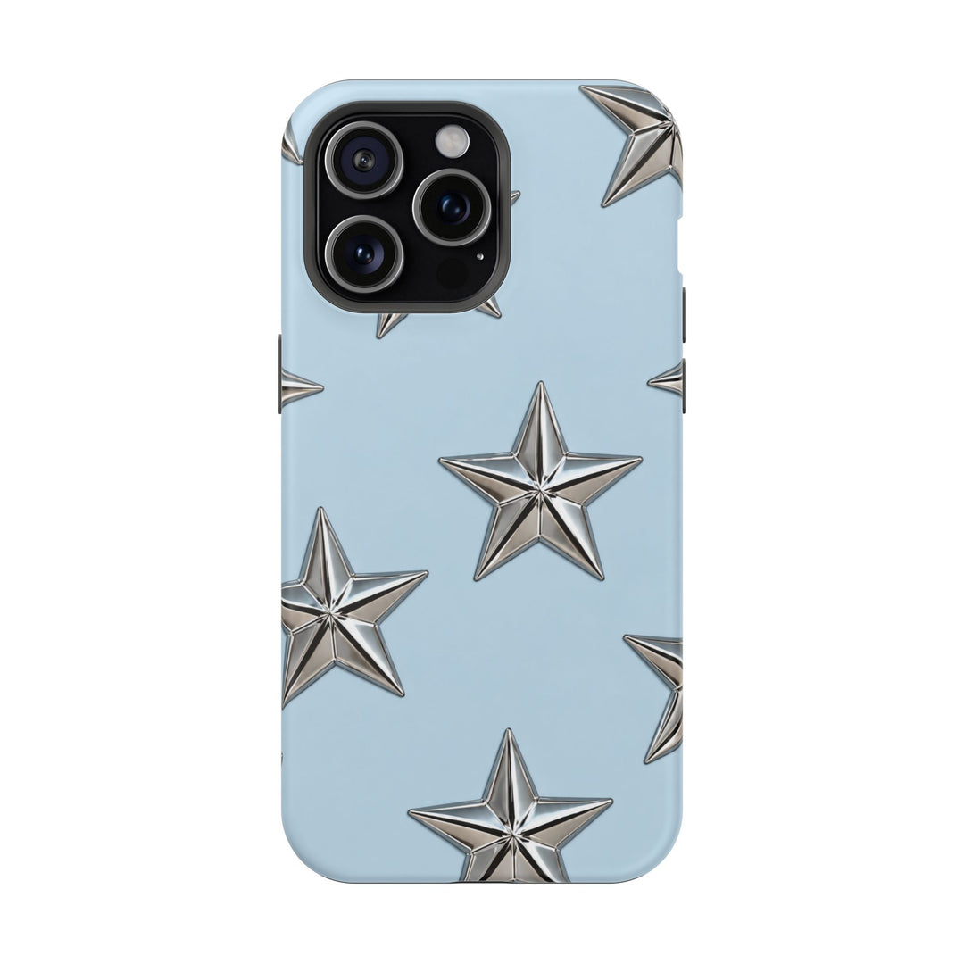 Star Pattern Magnetic Impact-Resistant Phone Case — Metallic Stars on Sky Blue