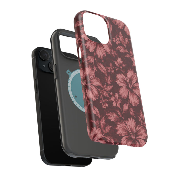 Magnetic Impact-Resistant Phone Case — Burgundy Floral Hibiscus Design