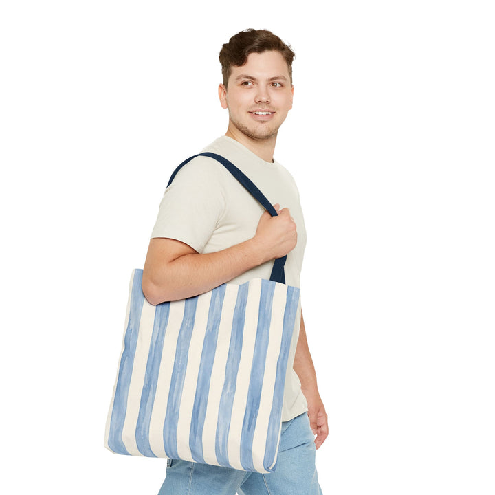 Striped Blue Watercolor Tote Bag — Coastal Beachy Canvas Tote