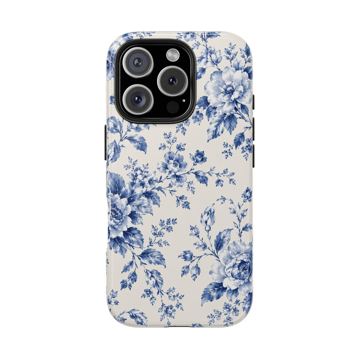 Blue Floral Tough Phone Case — Vintage Porcelain Rose Protective Cover