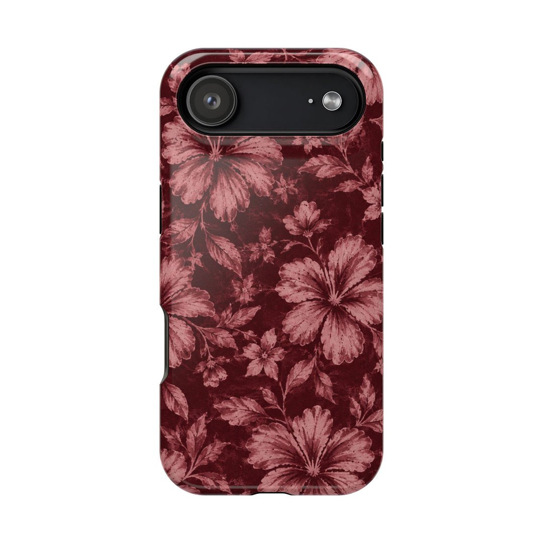 Magnetic Impact-Resistant Phone Case — Burgundy Floral Hibiscus Design