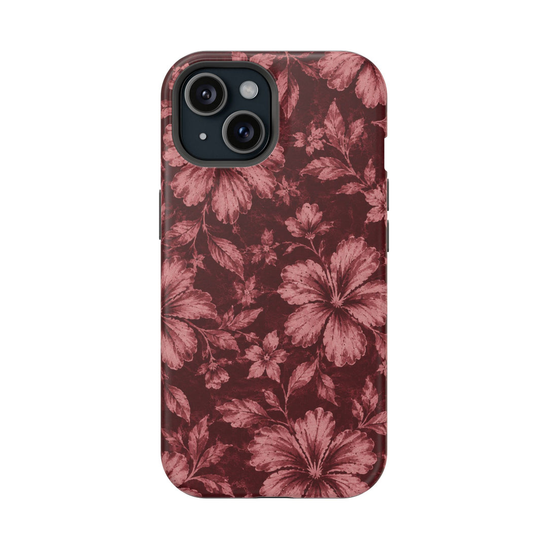 Magnetic Impact-Resistant Phone Case — Burgundy Floral Hibiscus Design