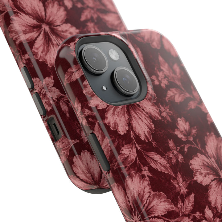 Magnetic Impact-Resistant Phone Case — Burgundy Floral Hibiscus Design