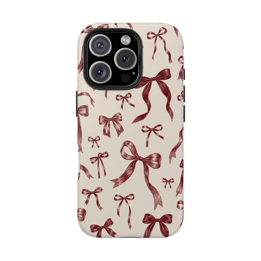 Bow Pattern Tough Phone Case — Vintage Ribbon Print iPhone Case, Protective Hard Cover