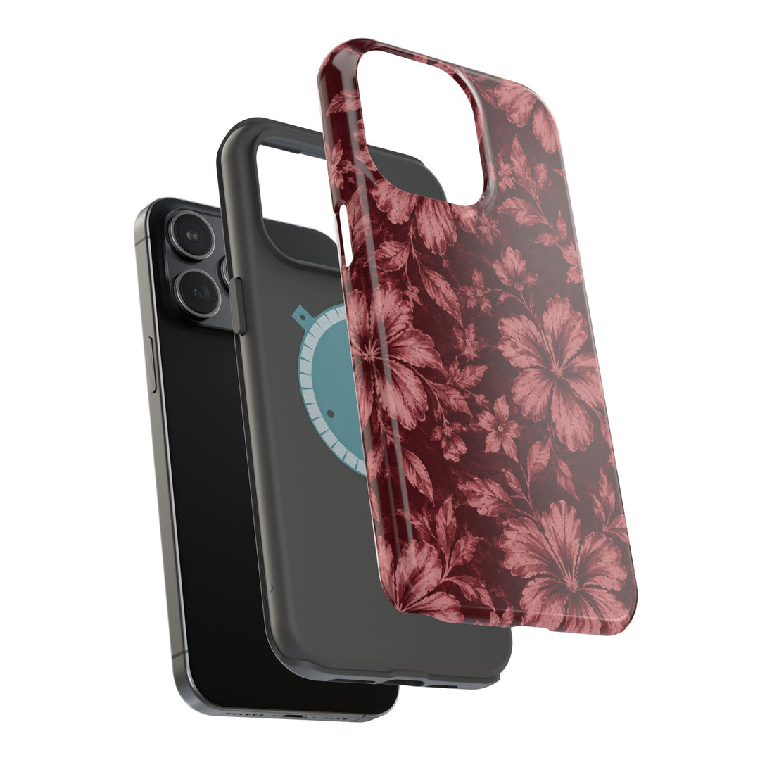 Magnetic Impact-Resistant Phone Case — Burgundy Floral Hibiscus Design