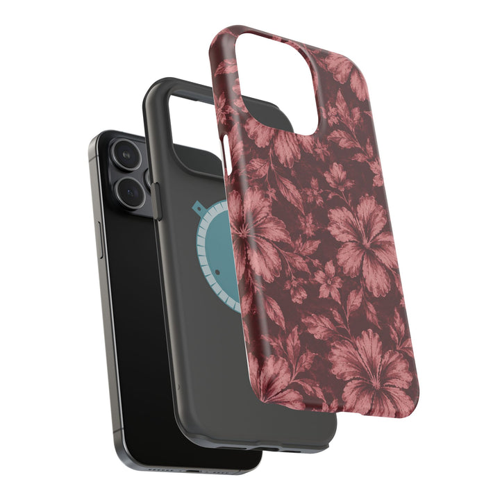 Magnetic Impact-Resistant Phone Case — Burgundy Floral Hibiscus Design
