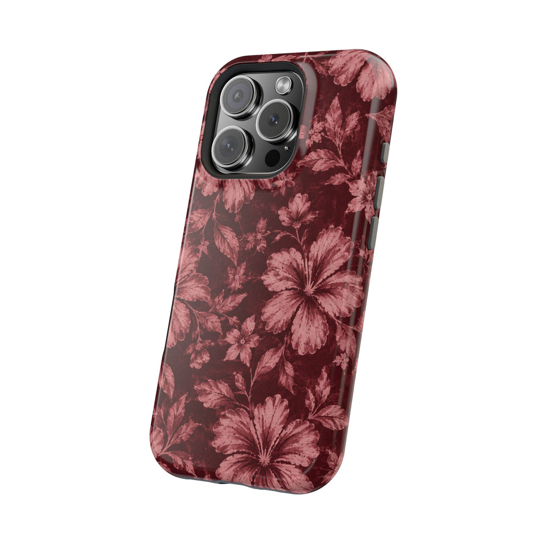 Magnetic Impact-Resistant Phone Case — Burgundy Floral Hibiscus Design