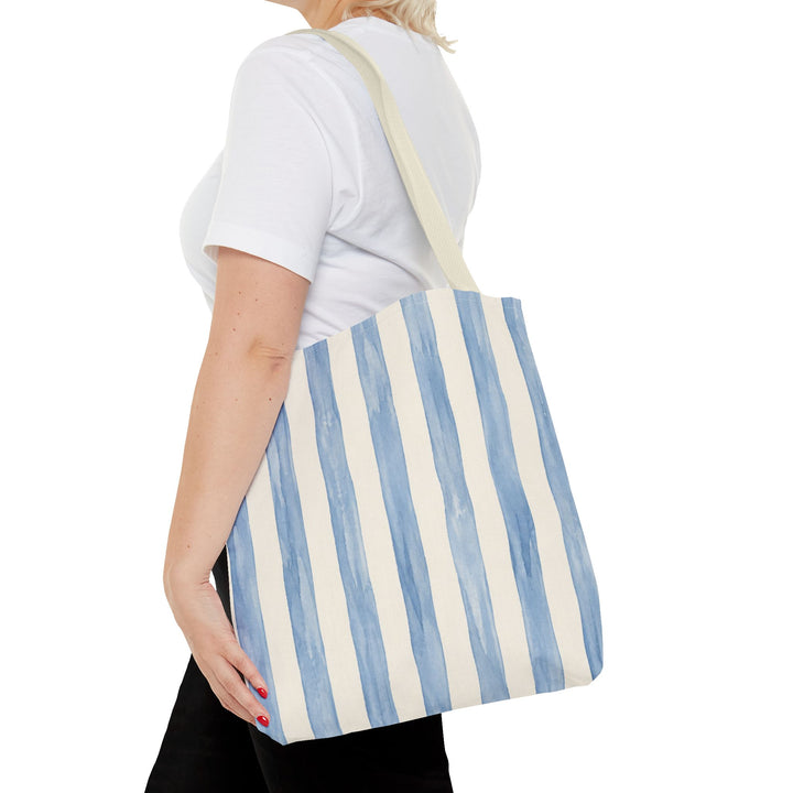 Striped Blue Watercolor Tote Bag — Coastal Beachy Canvas Tote