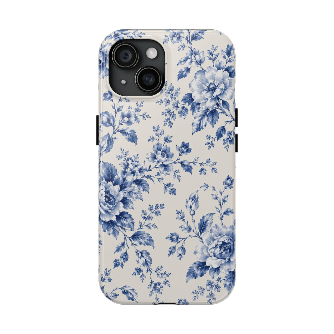 Blue Floral Tough Phone Case — Vintage Porcelain Rose Protective Cover