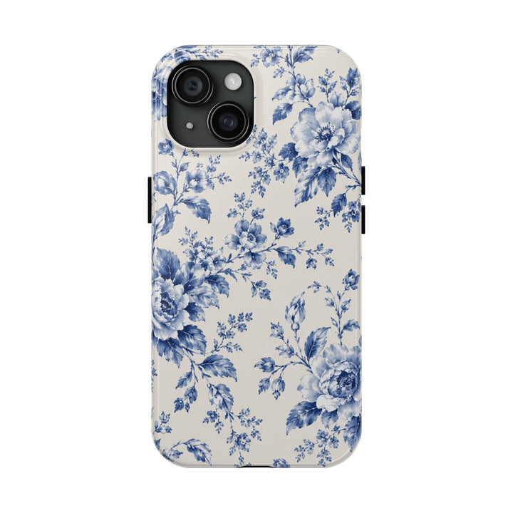 Blue Floral Tough Phone Case — Vintage Porcelain Rose Protective Cover
