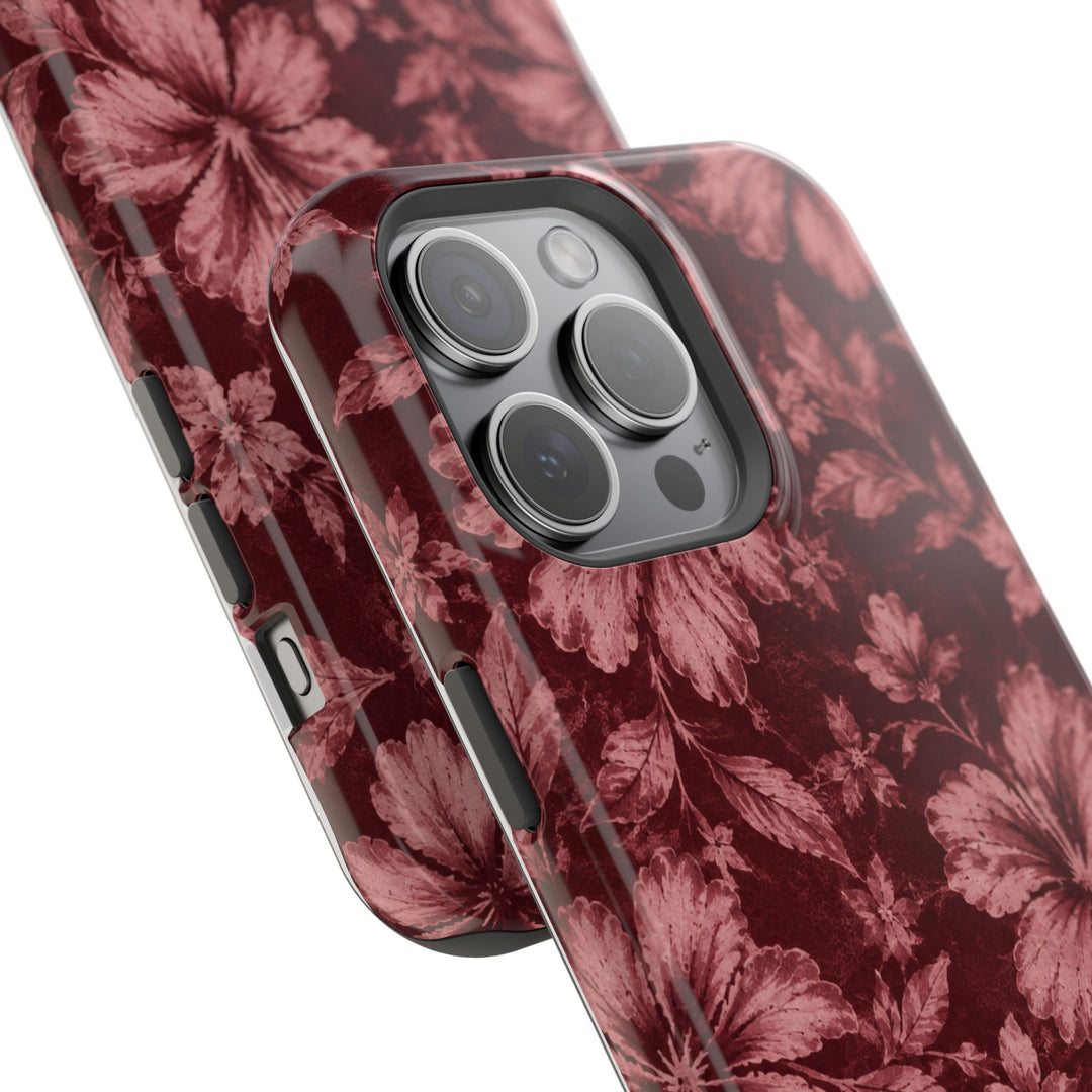 Magnetic Impact-Resistant Phone Case — Burgundy Floral Hibiscus Design