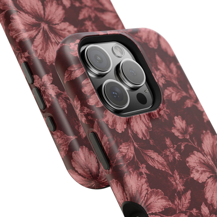 Magnetic Impact-Resistant Phone Case — Burgundy Floral Hibiscus Design