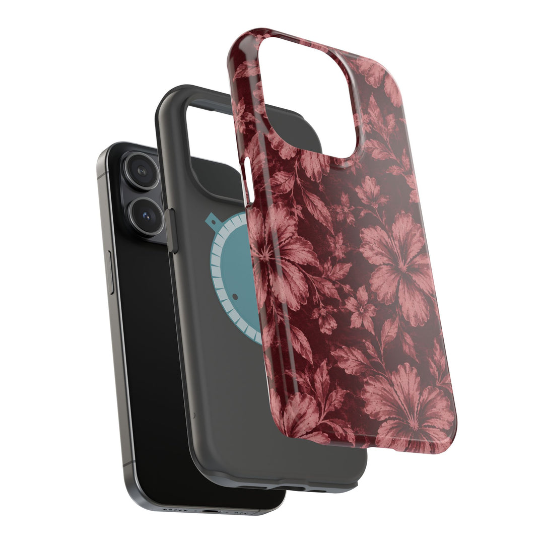 Magnetic Impact-Resistant Phone Case — Burgundy Floral Hibiscus Design