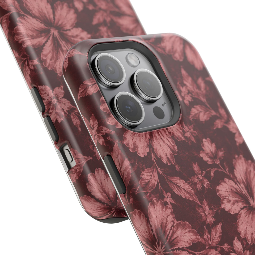 Magnetic Impact-Resistant Phone Case — Burgundy Floral Hibiscus Design