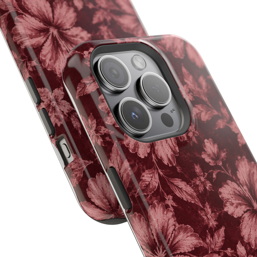 Magnetic Impact-Resistant Phone Case — Burgundy Floral Hibiscus Design