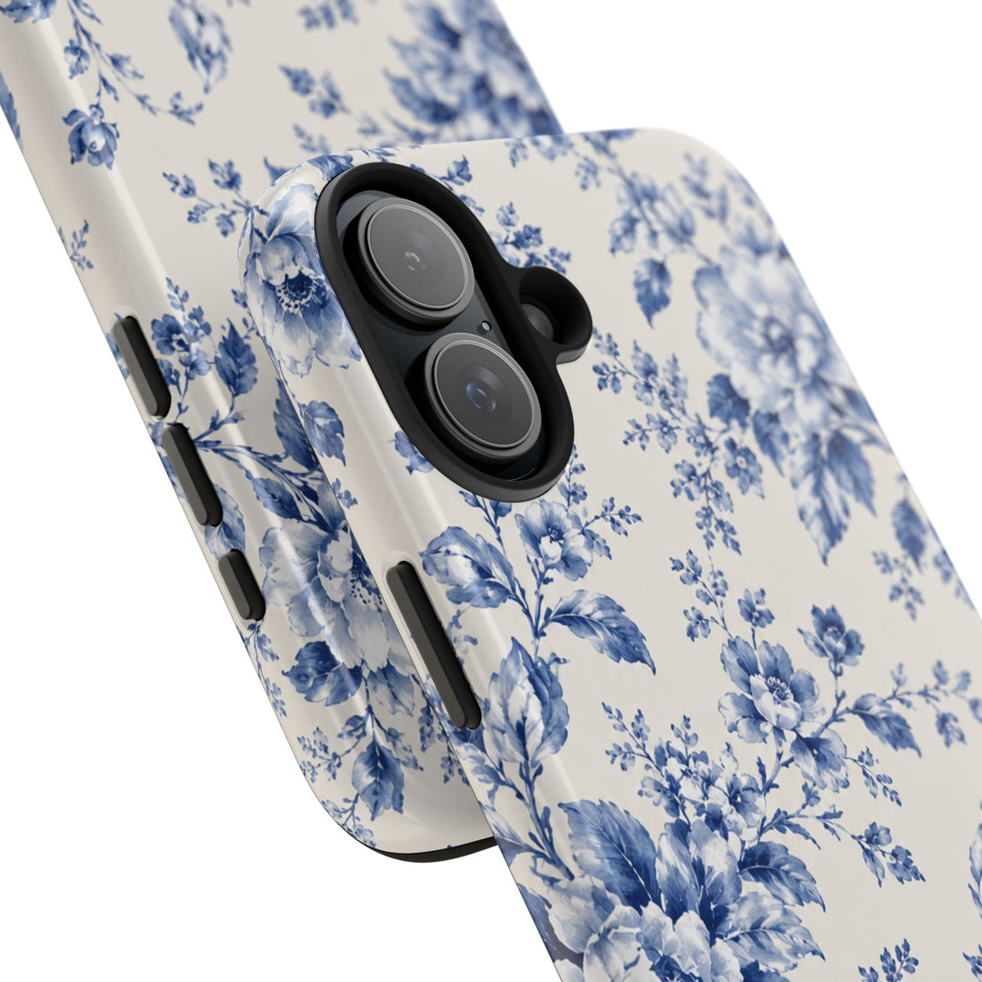 Blue Floral Tough Phone Case — Vintage Porcelain Rose Protective Cover