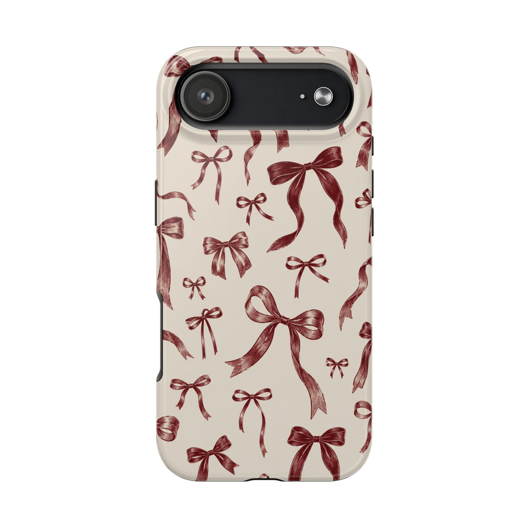 Bow Pattern Tough Phone Case — Vintage Ribbon Print iPhone Case, Protective Hard Cover