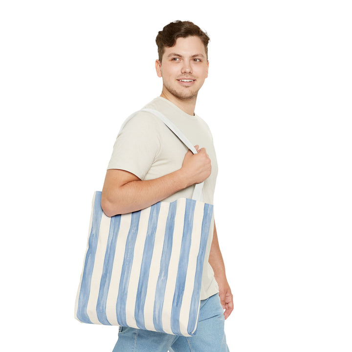 Striped Blue Watercolor Tote Bag — Coastal Beachy Canvas Tote