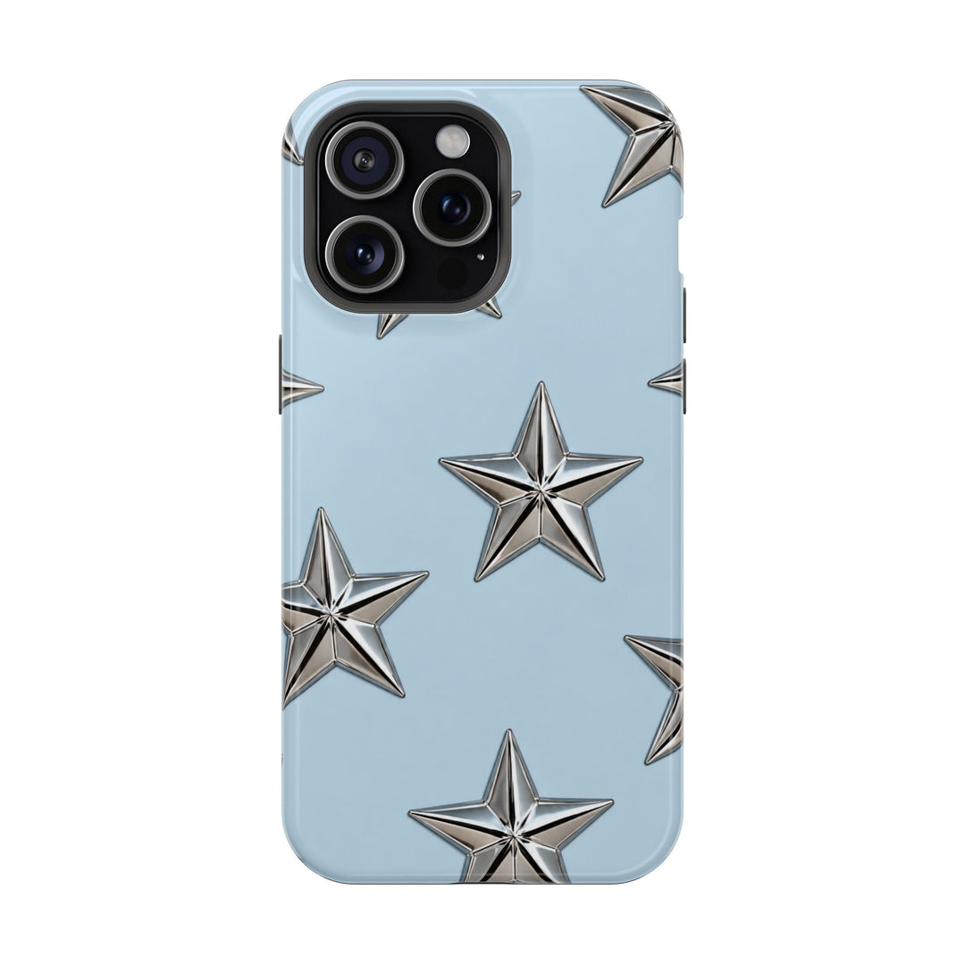 Star Pattern Magnetic Impact-Resistant Phone Case — Metallic Stars on Sky Blue