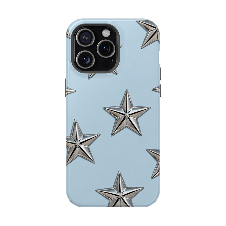 Star Pattern Magnetic Impact-Resistant Phone Case — Metallic Stars on Sky Blue