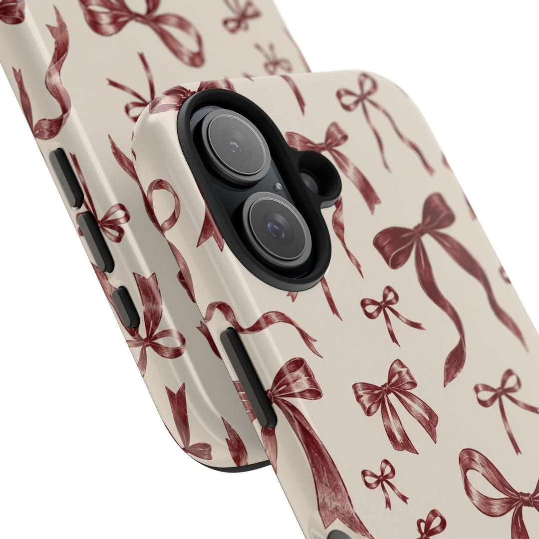 Bow Pattern Tough Phone Case — Vintage Ribbon Print iPhone Case, Protective Hard Cover
