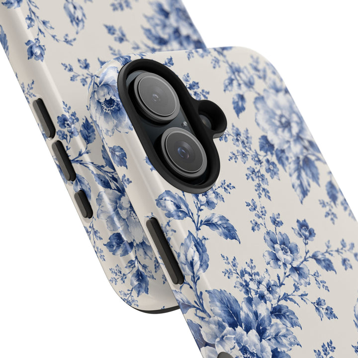 Blue Floral Tough Phone Case — Vintage Porcelain Rose Protective Cover