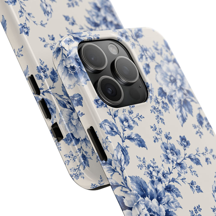 Blue Floral Tough Phone Case — Vintage Porcelain Rose Protective Cover