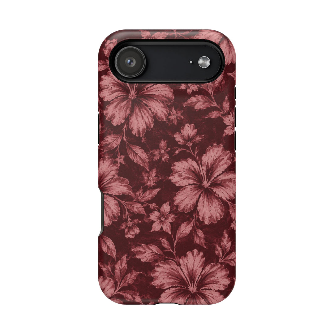 Magnetic Impact-Resistant Phone Case — Burgundy Floral Hibiscus Design