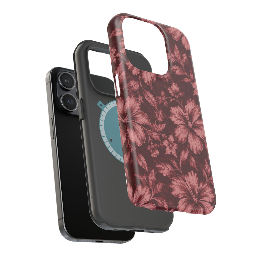Magnetic Impact-Resistant Phone Case — Burgundy Floral Hibiscus Design