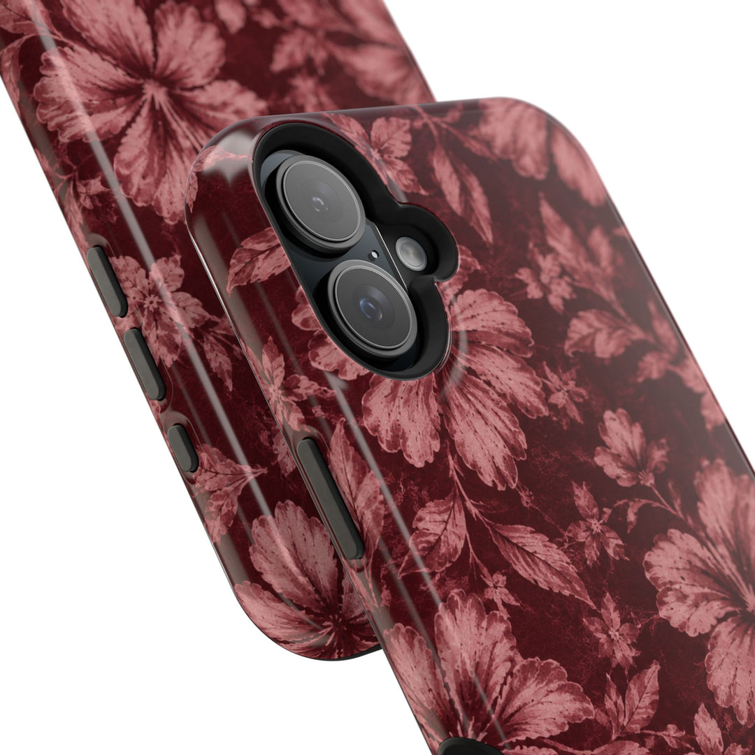 Magnetic Impact-Resistant Phone Case — Burgundy Floral Hibiscus Design