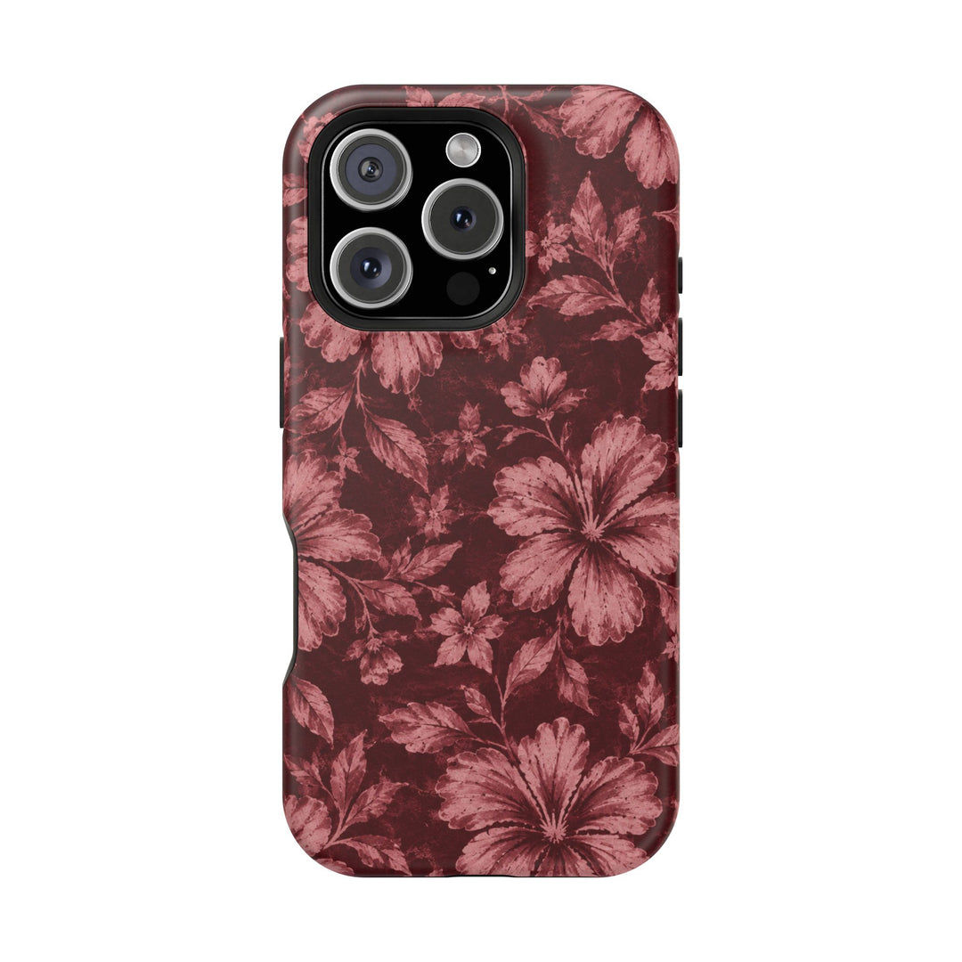 Magnetic Impact-Resistant Phone Case — Burgundy Floral Hibiscus Design