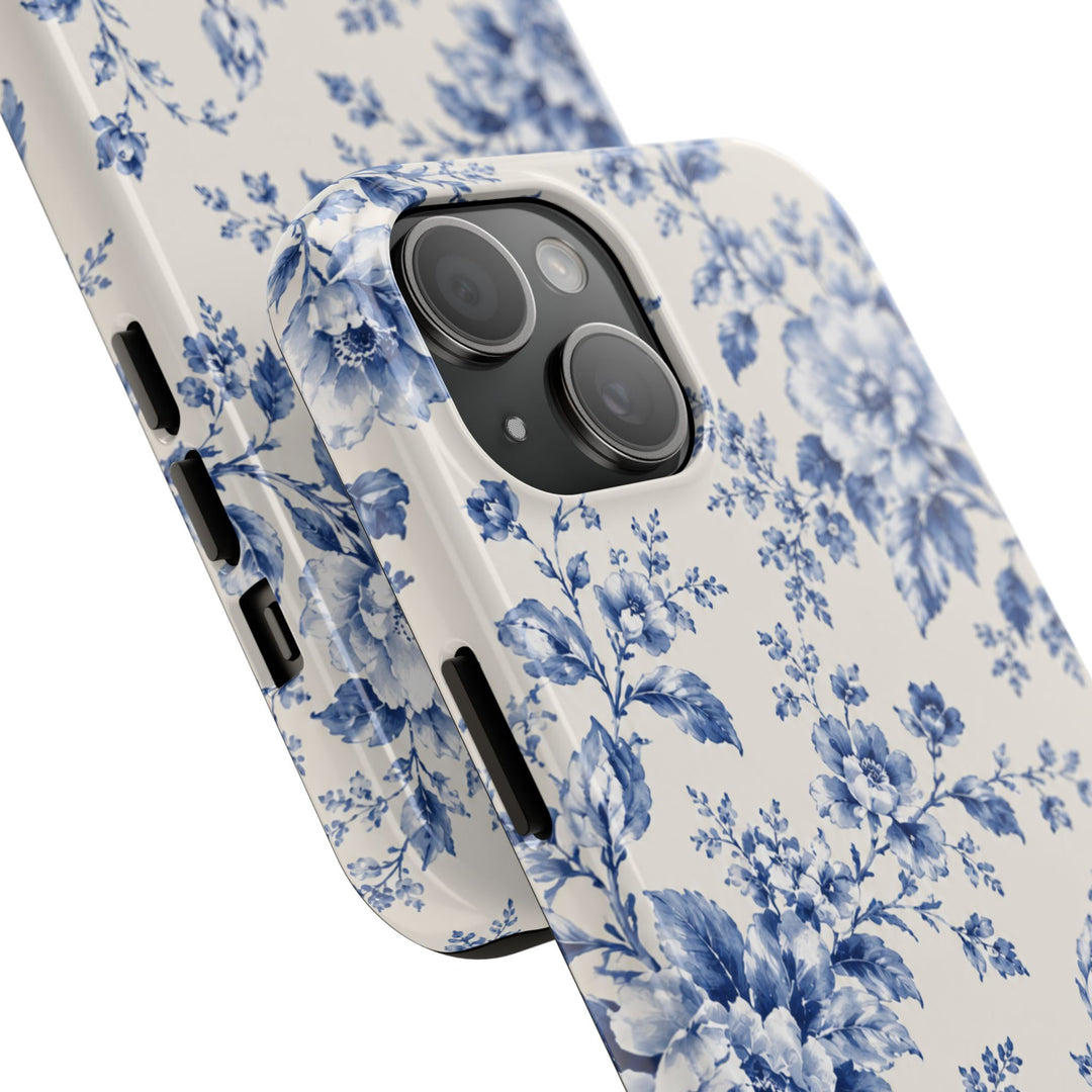 Blue Floral Tough Phone Case — Vintage Porcelain Rose Protective Cover