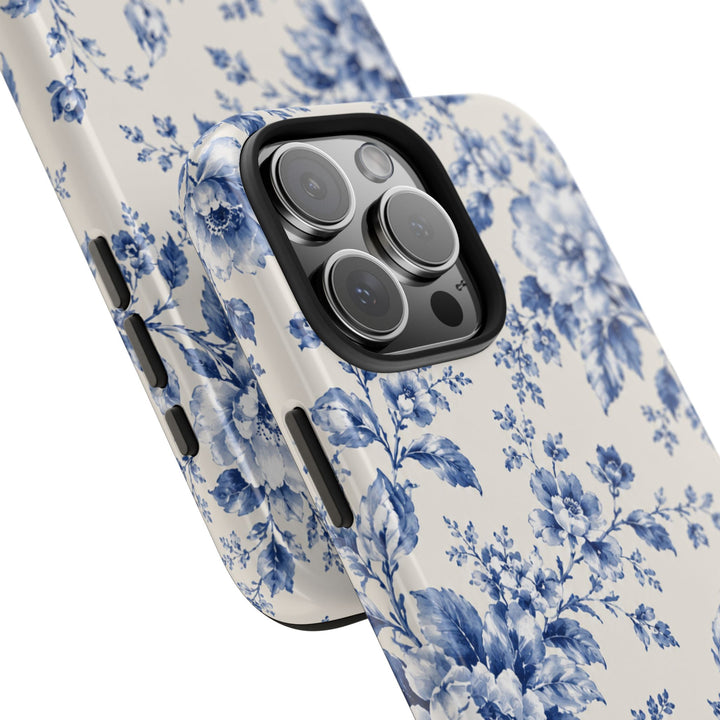 Blue Floral Tough Phone Case — Vintage Porcelain Rose Protective Cover
