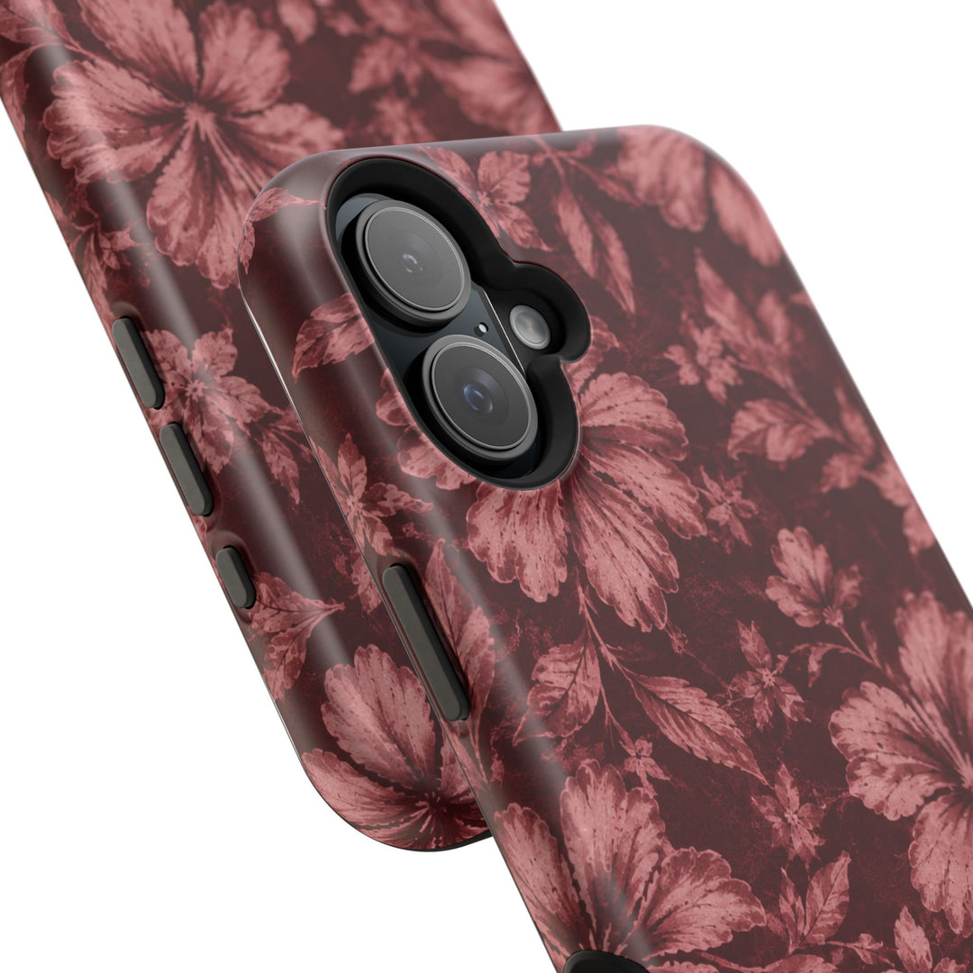 Magnetic Impact-Resistant Phone Case — Burgundy Floral Hibiscus Design