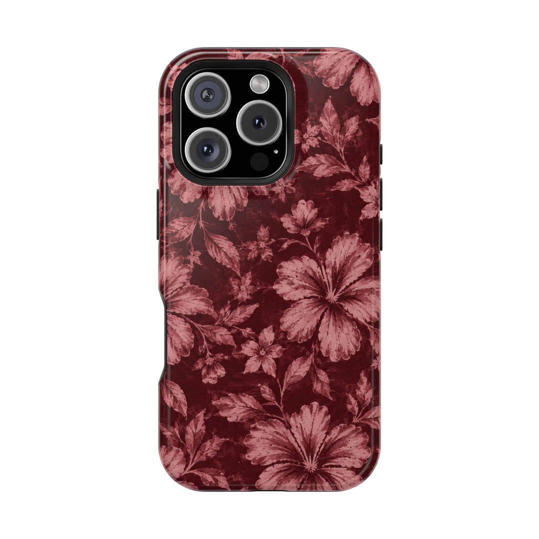 Magnetic Impact-Resistant Phone Case — Burgundy Floral Hibiscus Design