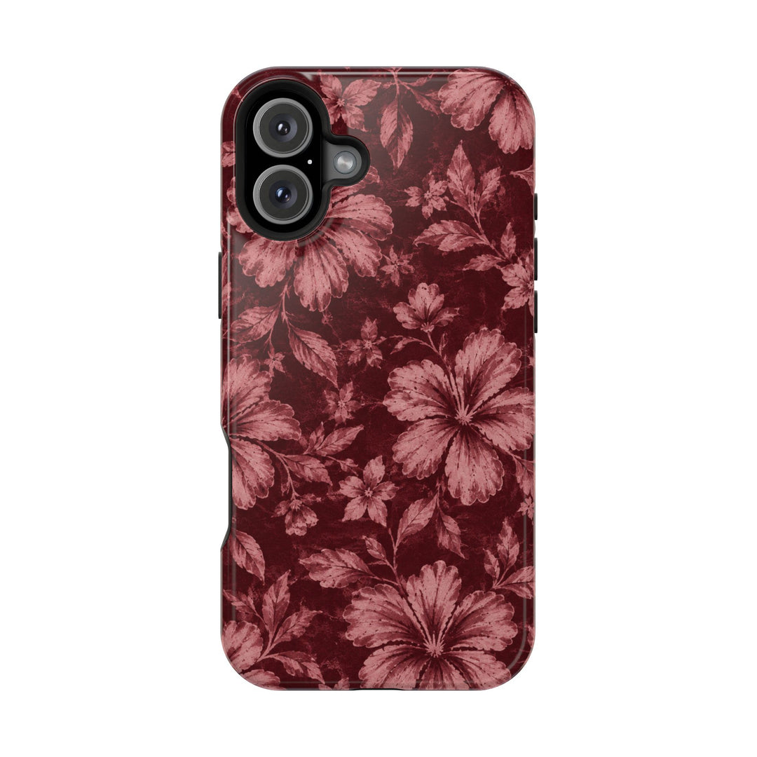 Magnetic Impact-Resistant Phone Case — Burgundy Floral Hibiscus Design