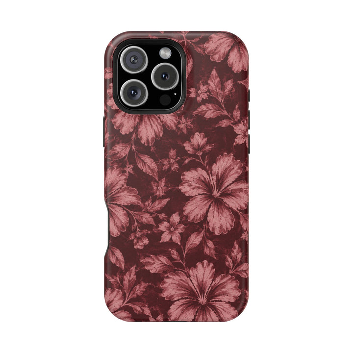 Magnetic Impact-Resistant Phone Case — Burgundy Floral Hibiscus Design
